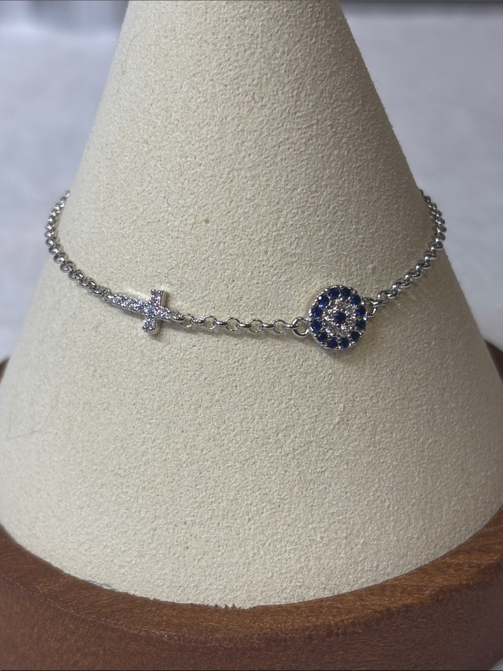 925 Cross and Blue Evil Eye Dainty Sterling Silver Bracelet